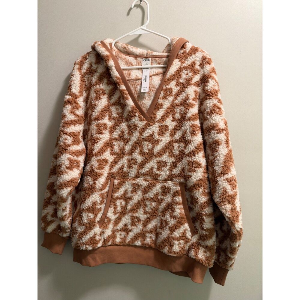 NEW PINK Victoria’s Secret Women's Tan Sherpa Hooded Pullover Size Medium M NWT